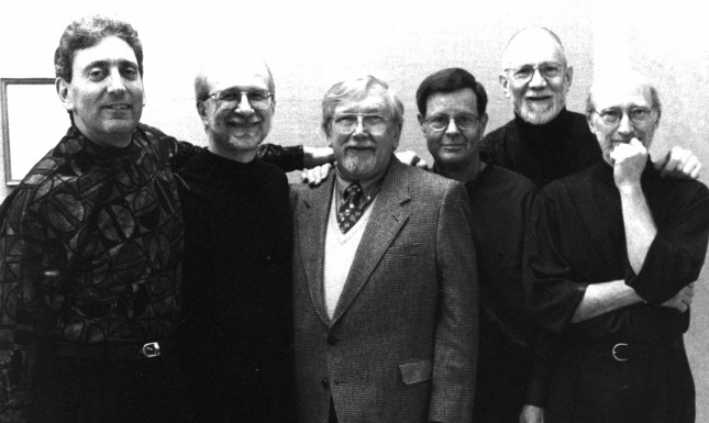 1996, Nexus 25th anniversary concert, Kilbourn Hall, Eastman School off Music. L. to R., Bill Cahn, Russell Hartenberger, Warren Benson, Robin Engelman, John Wyre, Bob Becker.