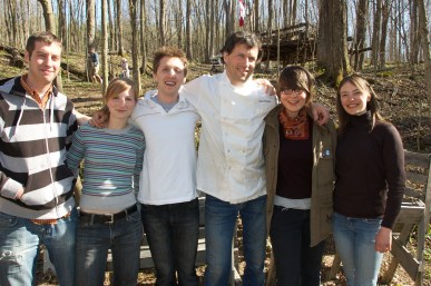 Maya Postepski, 2nd from right, with chef Jamie Kennedy and  Toronto percussionists during a Wild Leek Festival on chef Michael Stadtlander's Eigensinn Farm, Singhamptn, Ontario.