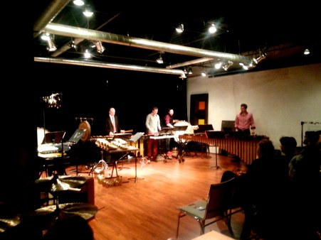 TorQ Percussion Quartet in the Array Music Concert Hall, 20 November, 2013.  L. to R.  Adam Campbell,  Jamie Drake Daniel Morphy, Richard Burrows.  Cell phone photo by Frank Morphy.