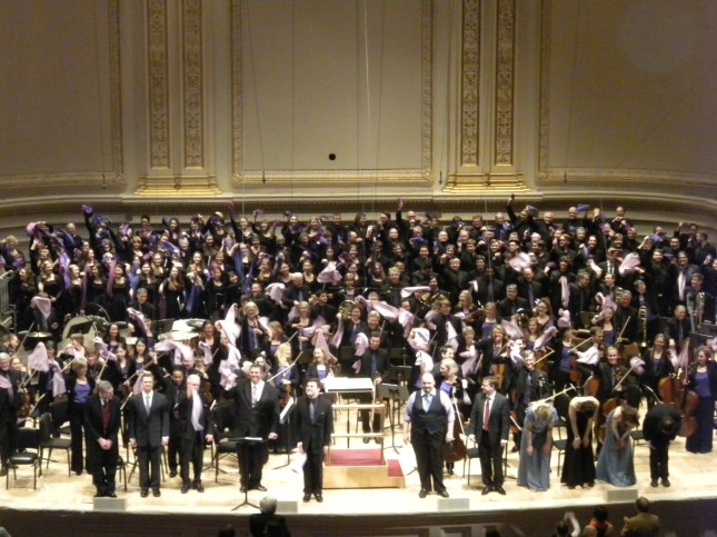Rochester Philharmonic with towels and fans in Carnegie Hall, NYC, 7 May, 2014.