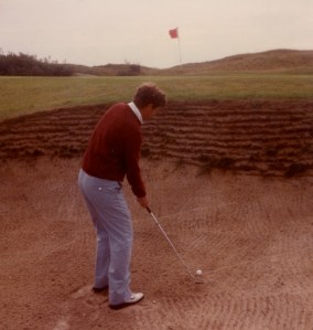 Right bunker on the par 3, 11th hole. Beyond the flag is death. Photo by William Cahn