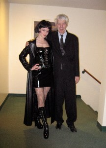 Barbara Hannigan in costume backstage with conductor Reinbert de   Leeuw after a performance of Ligett's "Mysteries of the Macabre" in Lincoln Center, New York.  