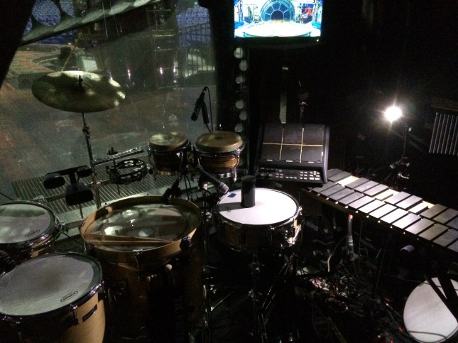 Just off stage, Christa's percussion set up with TV monitor.