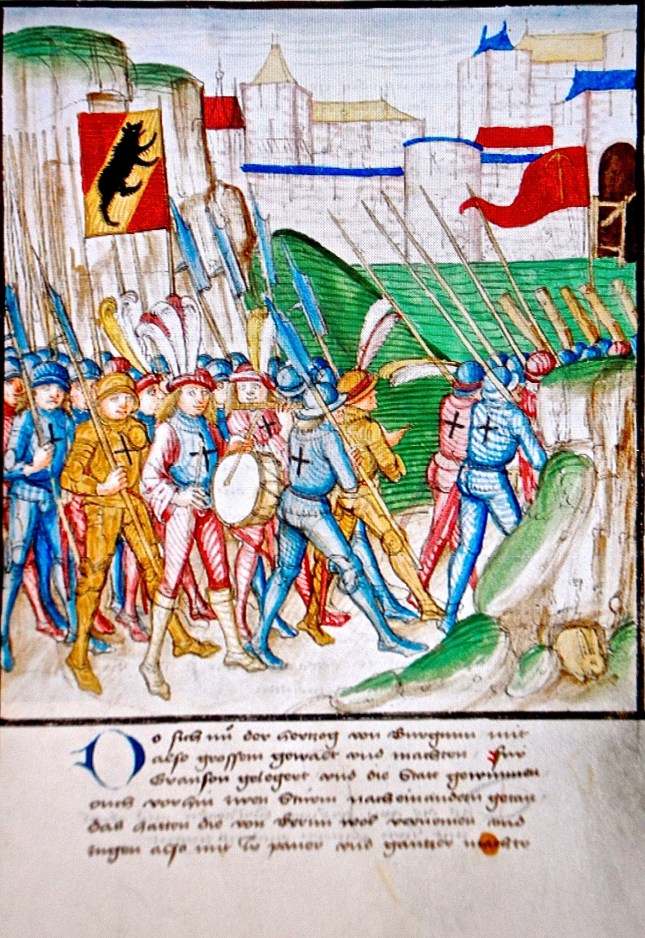  Bern, Burgerbibliothek, Mss.h.h.I.3 Parchment · 472 ff. · 38 x 27.5–28 cm · Bern 1478-1483, Diebold Schilling, Amtliche Berner Chronik, vol. 3. Swiss Halberdiers and Pikemen approaching the Battle of Morat (Murten),1476. photo courtesy Markus Estermann, STPV. Click on photo to enlarge.